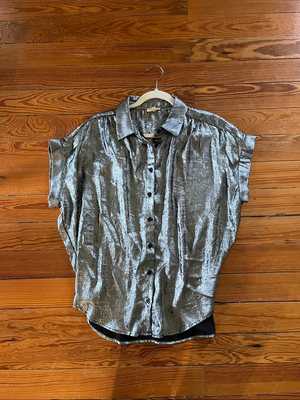 Jodifl Metallic Dolman Women's Shimmery Silver Button-Down Blouse